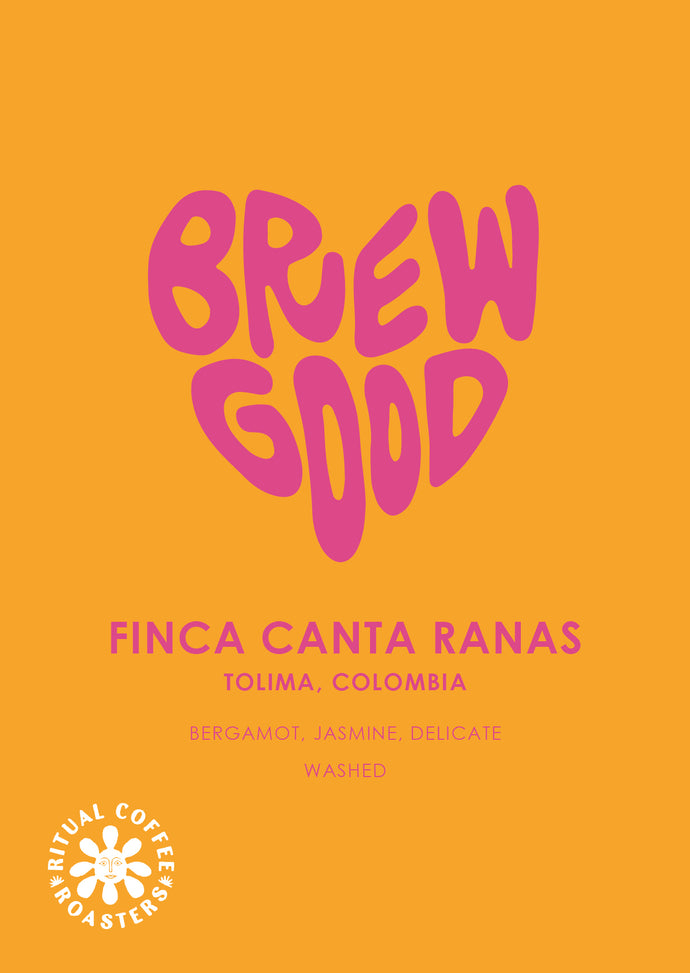 Brew Good coffee label with pink text on a yellow background