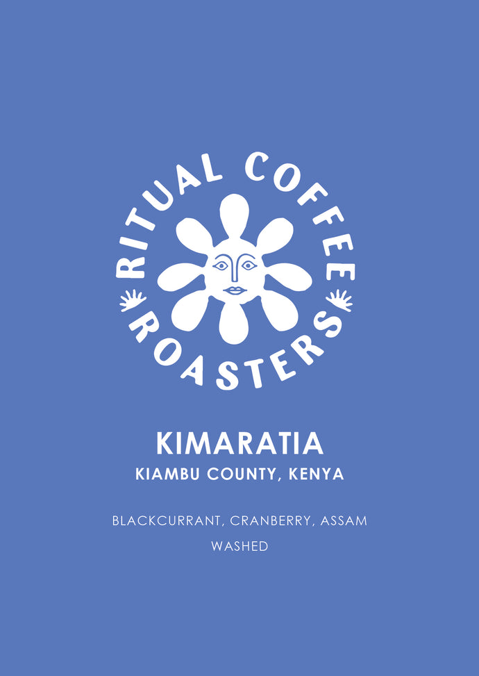 Kimaratia for filter by Ritual Coffee Roasters – Kiambu County, Kenya. Coffee label on blue background with tasting notes: blackcurrant, cranberr and assam .