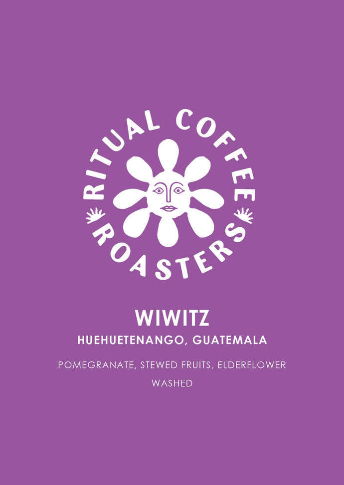 Wiwitz for Filter by Ritual Coffee Roasters – Huehuetenango, Guatemala. Coffee label on purple background with tasting notes: pomegranate, stewed fruits and elderflower.
