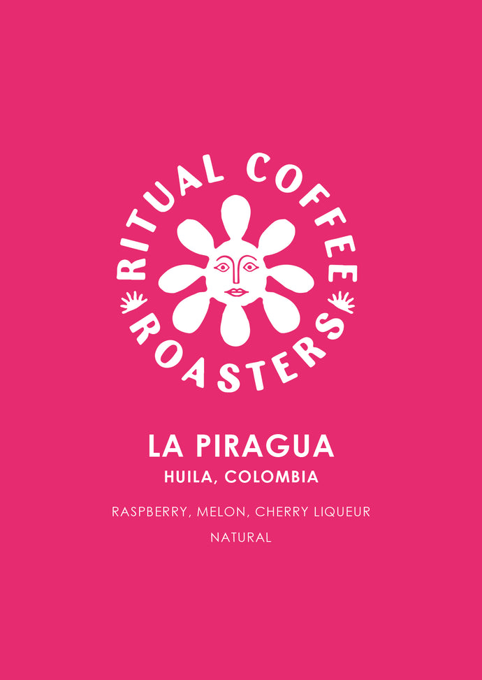 La Piragua for Espresso by Ritual Coffee Roasters – Huila, Columbia. Coffee label on a pink background with tasting notes of raspberry, melon and cherry liqueur.