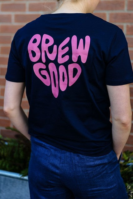 A person wearing a Ritual Coffee navy t-shirt with 'BREW GOOD' text in pink on the back.